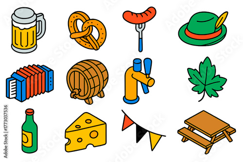 German Culture Icons. Isometric vector illustration set German Culture Linear Icons: beer stein, pretzel, grilled sausage, alpine