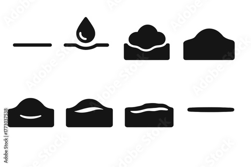 Scarification Stages Icons. Solid style icons of scarification stages: Fresh Cut, Blood Bead, Swollen Tissue, Scab Forming,