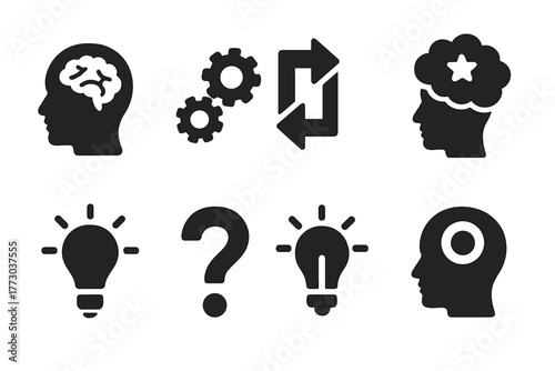 Imaginative Idea Icons. Solid style icons of Hypothetical Scenario: Brain, Gears, Paradox, Imagination, Light Bulb, Question Mark,