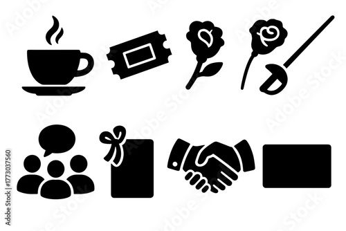 Dandy Culture Icons. Solid style icons of dandy social culture: Tea Cup, Theater Ticket, Flower Boutonniere, Fencing Foil,