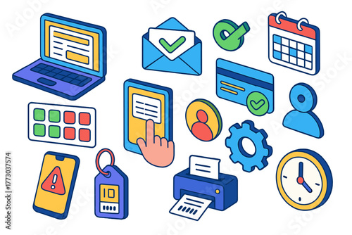 Digital Booking Icons. Isometric vector illustration set Digital Reservation System Icons: booking form on laptop, confirmation