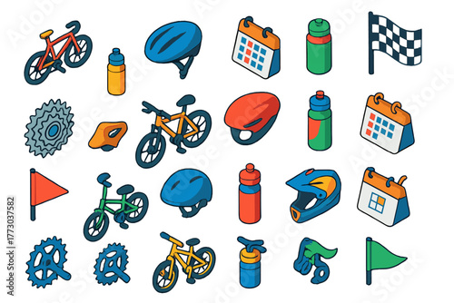 Cycling Essentials Icons. Isometric vector illustration set cycling essentials: road bike, racing helmet, water bottle, training