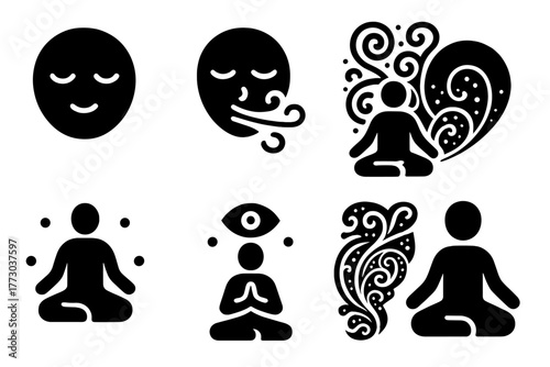 Zentangle Meditation Icons. Solid style icons of zentangle meditation: Calm Face, Closed Eyes, Breath Symbol, Centered Posture,