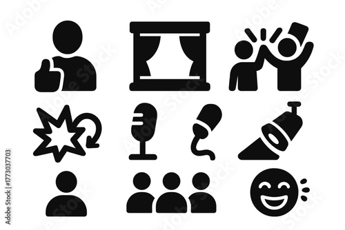 Comedic Improv Icons. Solid style icons of Comedic Improv Game: "Yes, And...", Stage, Partner, Spontaneity, Microphone, Spotlight,