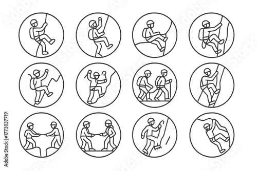 Climbing Adventure Icons. Line style icons of climbers in action in round shape: climber on rope, ascending pose, resting on ledge