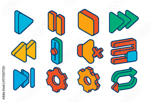 Multimedia Control Icons. Isometric vector illustration set Multimedia Control Icons: play triangle, pause lines, stop square,