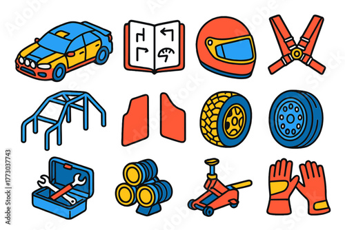 Rally Gear Essentials. Isometric vector illustration set Rally Race Gear Outline Style: rally car, co-driver notes, racing helmet,