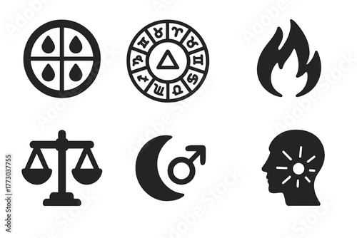 Ancient Medical Icons. Solid style icons of ancient medical beliefs: Four Humors Symbol, Zodiac Wheel, Alchemical Sign, Elemental
