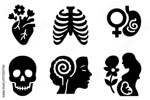 Anatomical Art Icons. Solid style icons of anatomical art symbolism: Flowering Heart, Open Ribcage, Venus Emblem, Spiral Organs,