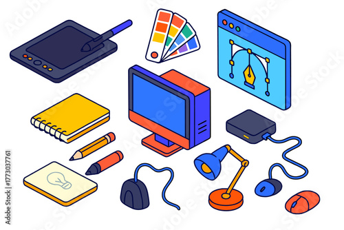 Graphic Design Essentials. Isometric vector illustration set design tools for graphic designers and creatives: drawing tablet,