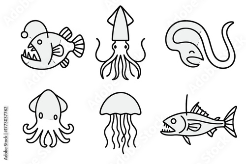 Deep-Sea Creature Icons. Line style icons of Deep-Sea Creatures Icons: anglerfish, giant squid, gulper eel, dumbo octopus,