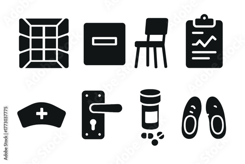Early Psychiatric Icons. Solid style icons of early psychiatric ward: Padded Room, Observation Slot, Stiff Chair, Chart Clipboard,