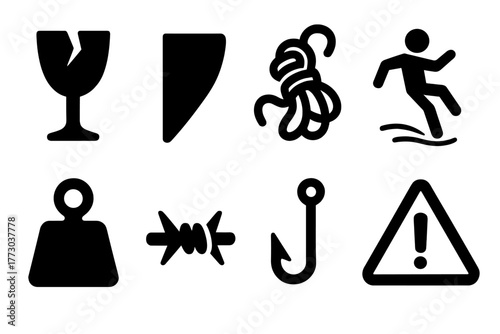 Magnet Fishing Hazards Icons. Solid style icons of magnet fishing hazards: Broken Glass, Sharp Edge, Tangled Rope, Slippery