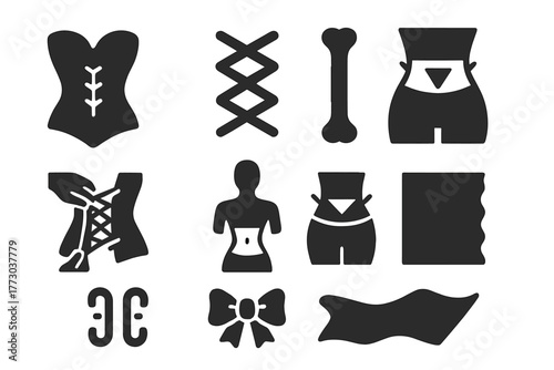 Vintage Waistwear Icons. Solid style icons of Vintage Waistwear: Corset, Laces, Bone, Tightening, Silhouette, Waist, Hook, Ribbon,