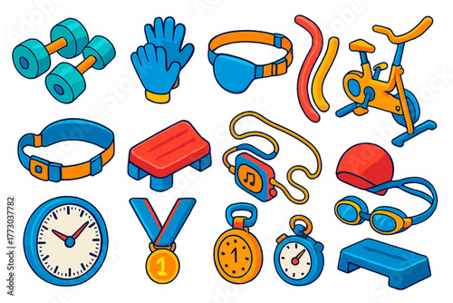 Aquatic Fitness Equipment. Isometric vector illustration set Aquatic Fitness Gear: aqua dumbbells, water resistance gloves, aqua