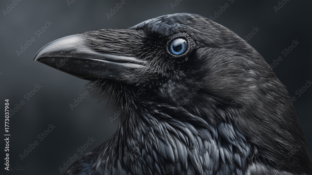 Fototapeta premium A photorealistic nikon photograph of an elegant black crow against a dark gray background. Ai generated