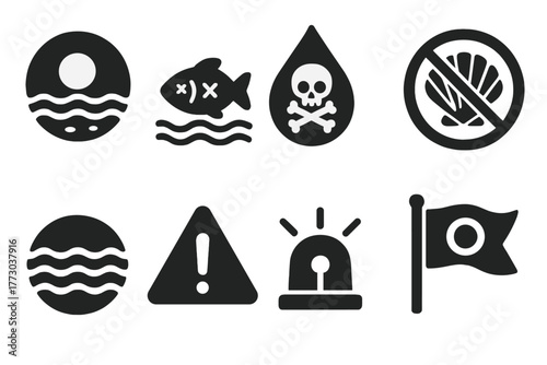 Harmful Algal Bloom Icons. Solid style icons of harmful algal bloom warning: Red Tide Symbol, Fish Mortality Icon, Toxic Drop,