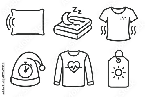 Sleep Tech Icons. Line style icons of Sleep-Optimized Textiles: sound-dampening pillowcase, REM monitor blanket, cooling fabric