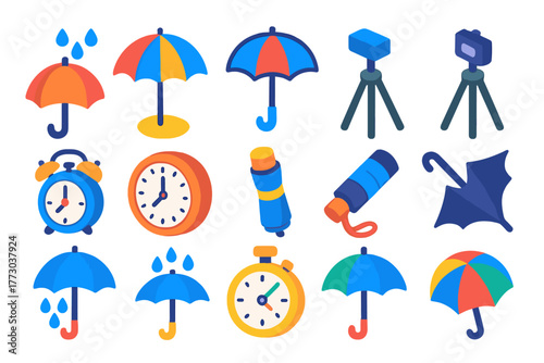Umbrella and Time Icons. Isometric vector illustration set Umbrella and Time Icons: rain umbrella, beach umbrella, tripod stand,