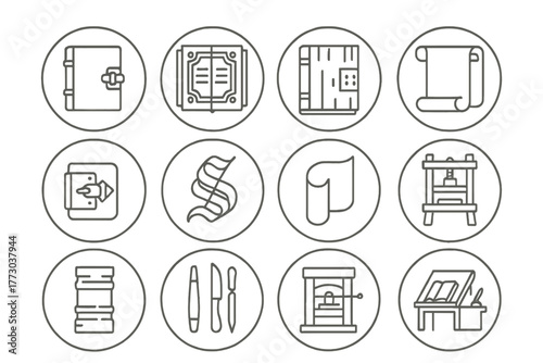 Historic Bookbinding Icons. Line style icons of historic bookbinding in round shape: medieval book, illuminated manuscript, wooden