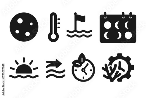 Environmental Trigger Icons. Solid style icons of environmental spawning triggers: Full Moon Icon, Temperature Gauge, Tide Marker,