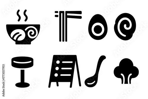 Solid Ramen Icons. Solid style icons of ramen shop elements: Ramen Bowl, Noodles, Egg Half, Pork Slice, Counter Stool, Menu Board,