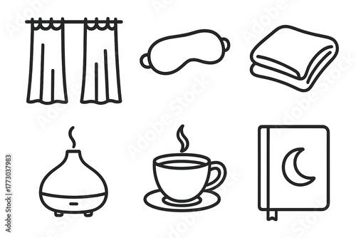 Sleep Aid Icons. Line style icons of Sleep and Rest Detox Tools: blackout curtain, eye pillow, soft blanket, essential oil