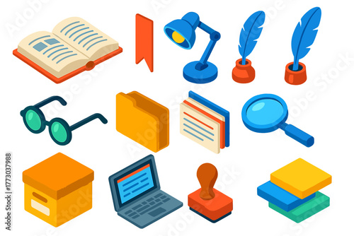 Library Research Icons. Isometric vector illustration set Library Research Icons: open encyclopedia, bookmark, adjustable lamp,