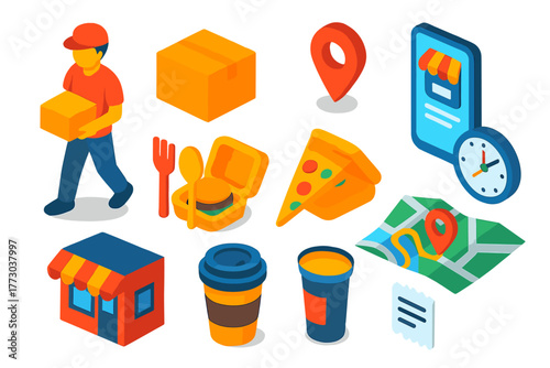 Takeaway Order Icons. Isometric vector illustration set Takeaway Order Icons: courier, package box, GPS pin, phone with order
