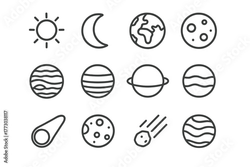 Celestial Body Line Icons. Line style icons of celestial bodies in round shape: sun, moon, earth, mars; jupiter, saturn, uranus,