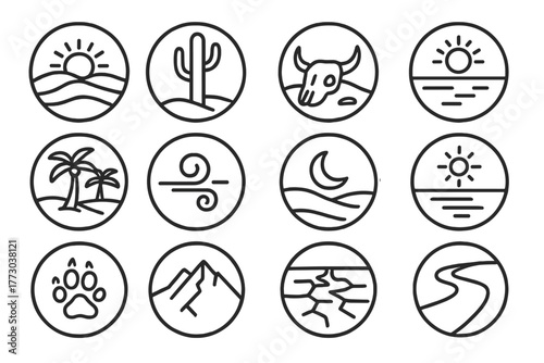 Desert Iconography. Line style icons of desert symbols in round shape: sun over dune, lone cactus, desert skull, horizon line;