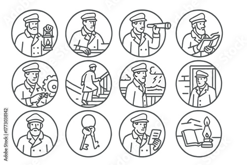Lighthouse Keeper Icons. Line style icons of lighthouse keepers in round shape: keeper with lantern, hand on railing, writing log,