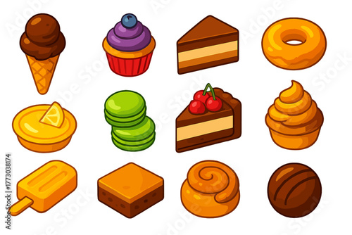 Dessert Icon Collection. Isometric vector illustration set dessert icons: triple chocolate ice cream, blueberry frosting cupcake,
