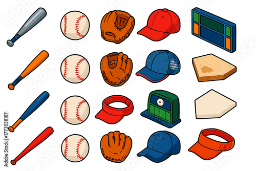 Baseball Elements Icons. Isometric vector illustration set baseball elements: aluminum pro bat, game day baseball, classic fielder