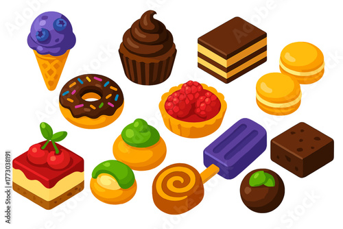Dessert Icon Collection. Isometric vector illustration set dessert icons: blueberry ice cream, chocolate ganache cupcake, opera