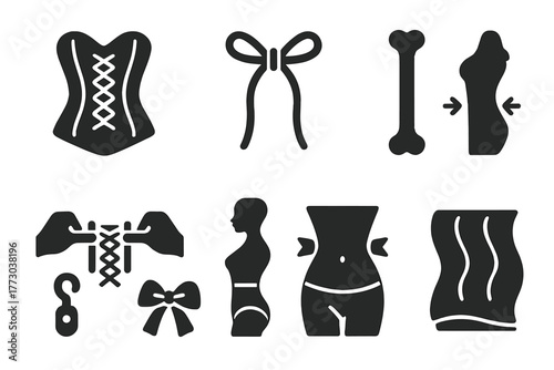 Classic Corsetry Icons. Solid style icons of Classic Corsetry: Corset, Laces, Bone, Tightening, Silhouette, Waist, Hook, Ribbon,