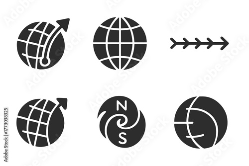 Earth Pole Shift Icons. Solid style icons of pole shift visuals: Moving Pole Marker, Earth Grid Lines, Hemisphere Change, Time