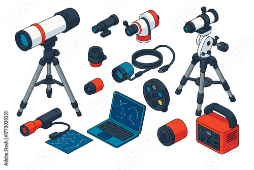 Astronomical Photography Gear. Isometric vector illustration set Astronomical Photography Gear: telescope, star tracker,