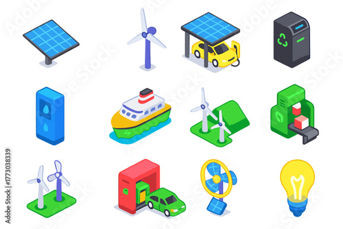 Sustainable Tech Icons. Isometric vector illustration set technology and sustainability: transparent solar panel, urban wind