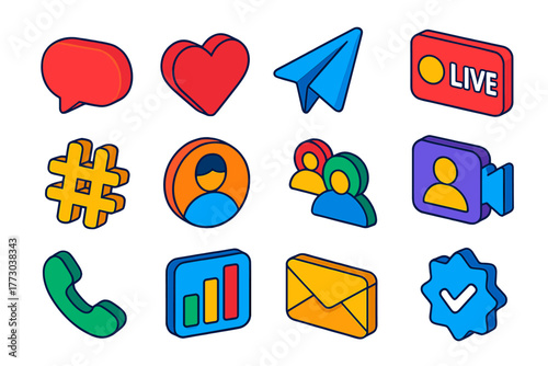 Vibrant Social Media Icons. Isometric vector illustration set Social Media Communication: comment icon, like icon, share icon,