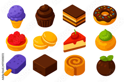 Dessert Icon Collection. Isometric vector illustration set dessert icons: blueberry ice cream, chocolate ganache cupcake, opera