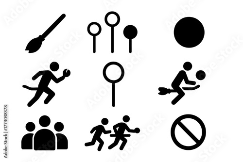 Quidditch Icon Set. Solid style icons of Quidditch (Muggle): Broomstick, Hoop, Bludger, Snitch Runner, Goal Post, Player, Team,