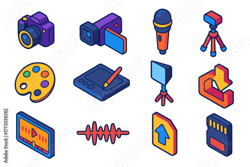 Content Tools Icons. Isometric vector illustration set Professional Content Tools Icons: camera, video camera, microphone, tripod,