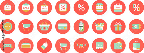 24 Round Badge Icons Set with Red, White, and Light Green Palette for Shopping, Sales, and E-Commerce