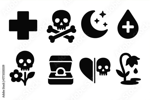 Laudanum's Dual Identity Icons. Solid style icons of laudanum’s dual identity: Medicine Cross, Poison Symbol, Sleep Moon, Pain