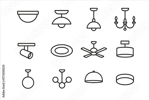 Ceiling Lamp Icons. Line style icons of ceiling lamps in round shape: flush mount lamp, semi-flush mount, pendant lamp, chandelier