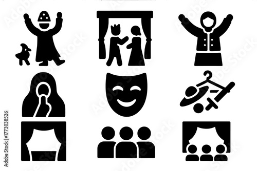 Theatrical Mumming Icons. Solid style icons of Costume Performance: Mumming, Play, Tradition, Disguise, Mask, Props, Stage,