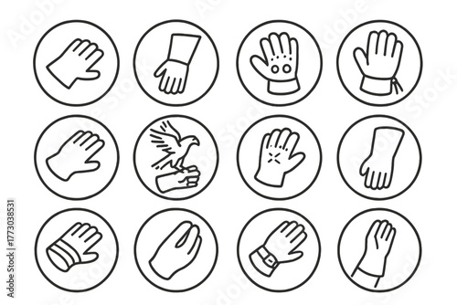 Falconry Gloves Icons. Line style icons of falconry gloves in round shape: thick leather glove, extended cuff glove, padded glove,
