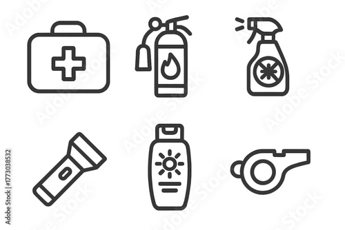 Glamping Safety Icons. Line style icons of Glamping Safety Gear: first aid kit, fire extinguisher, insect repellent, flashlight,