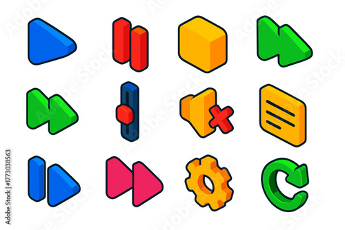 Multimedia Control Icons. Isometric vector illustration set Multimedia Control Icons: play triangle, pause lines, stop square,